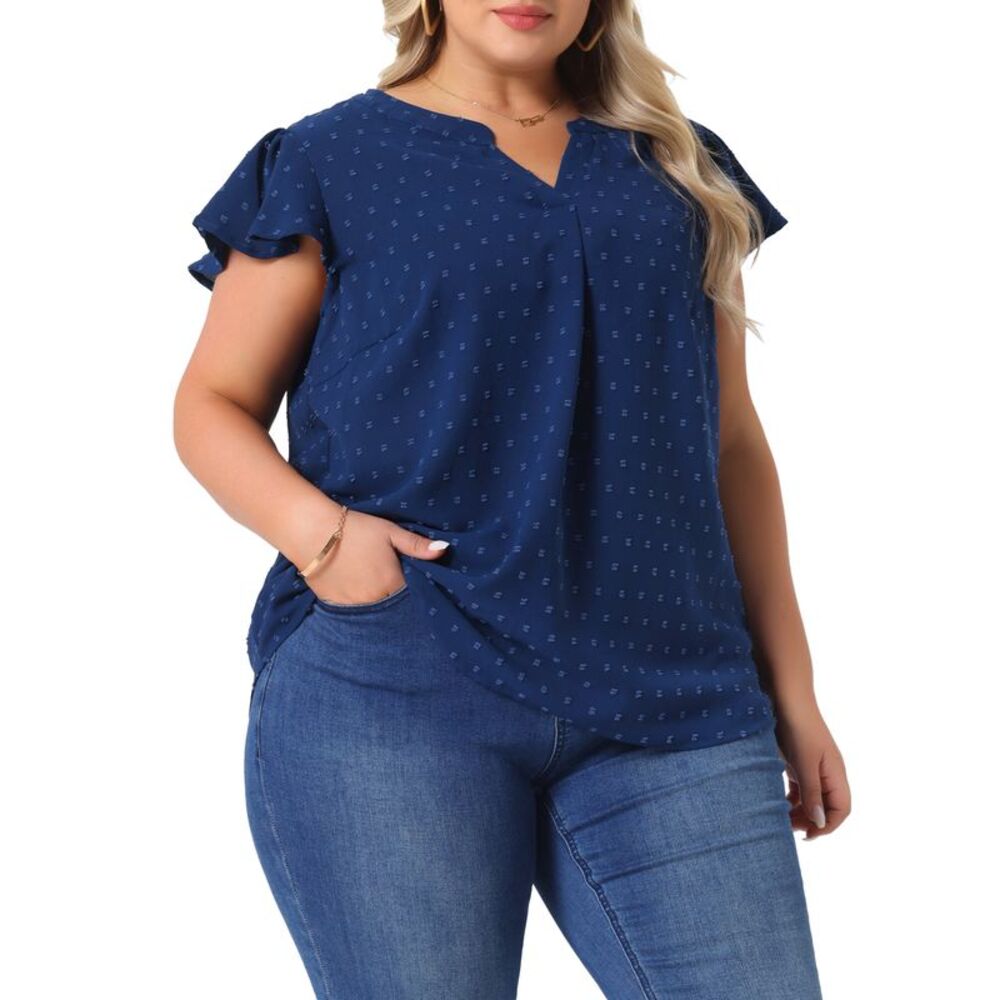 Plus Size Blouses Notched Neck Ruffle Sleeve Basic Top Dark Blue - Picture 2 of 6